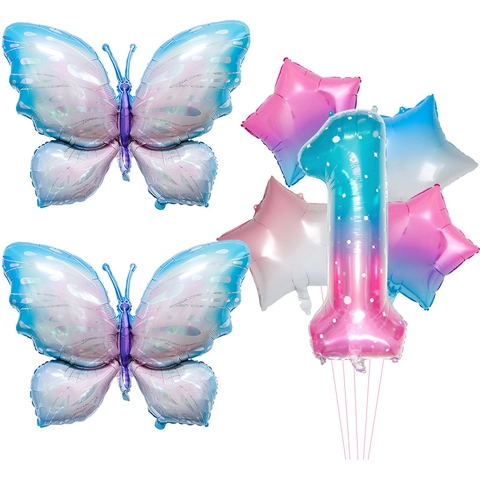 Starry Sky Number Butterfly Wing Aluminum Foil Balloons Gradient Rainbow Birthday Party Decor For Kids Celebration