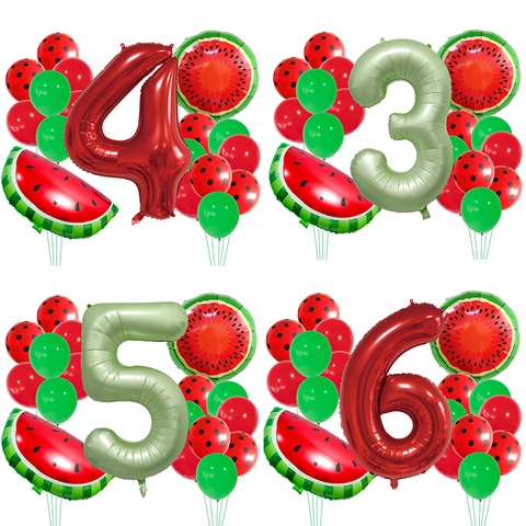 Watermelon Theme Birthday Party Balloon Set Aluminum Foil Number Balloon With Red Green Polka Dot Latex Balloons For Summer Hawaii Celebration