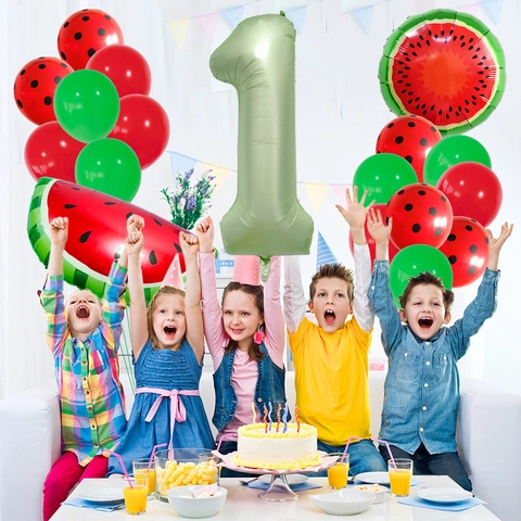 Watermelon Theme Birthday Party Balloon Set Aluminum Foil Number Balloon With Red Green Polka Dot Latex Balloons For Summer Hawaii Celebration