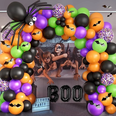 Kit Arco Ghirlanda Palloncini Halloween Ragno Nero BOO Palloncino Foil Pipistrello Arancione Viola Verde Lattice Festa