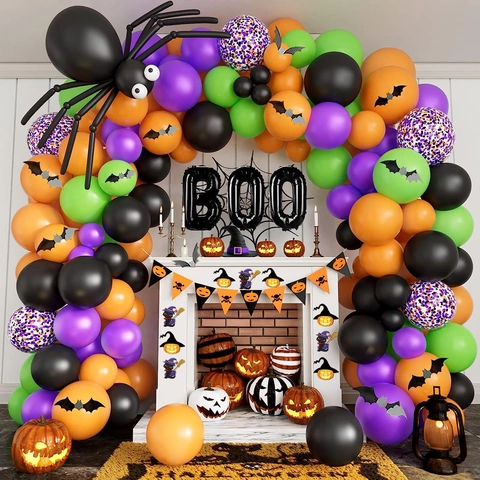 Halloween Balloon Garland Arch Kit With Giant Spider Bat Stickers BOO Foil Balloons For Scary Party Decorations DIY