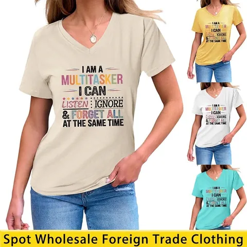 Maglietta Da Donna A Maniche Corte Con Scollo A V In Misto Cotone Con Stampa Multitasker Top Casual Vestibilità Morbida