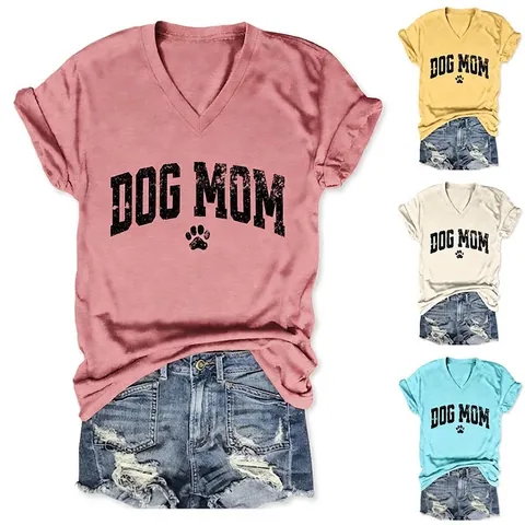 T-Shirt Da Donna Con Scollo A V Stampa Grafica Dog Mom Casual A Maniche Corte In Misto Cotone Top Estivo