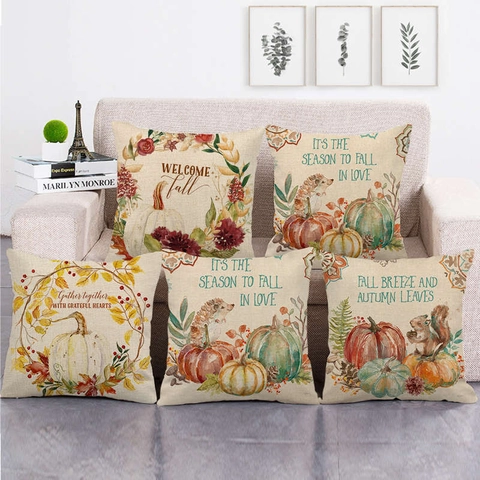 Aquarel Thanksgiving Pompoen Krans Linnen Kussenhoes Herfst Decoratieve Kussensloop Voor Bank Huis Vierkante Hoes Geen Vulling