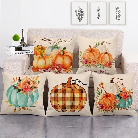 Linen Pillow Covers Thanksgiving Pumpkin Autumn Leaves Printed Decorative Cushion Cases Home Sofa Decor Rustic Farmhouse