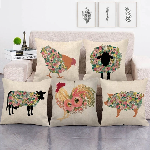Farmhouse Linen Throw Pillow Covers Farm Animal Floral Rooster Pig Cow Sheep Square Decorative Cushion Covers Vintage