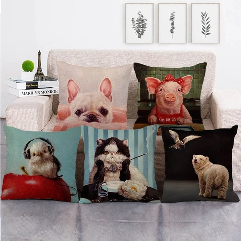 Linen Animal Oil Painting Cushion Cover Vintage Pig Dog Sheep Print Square Decorative Pillow Case For Sofa Home Decor