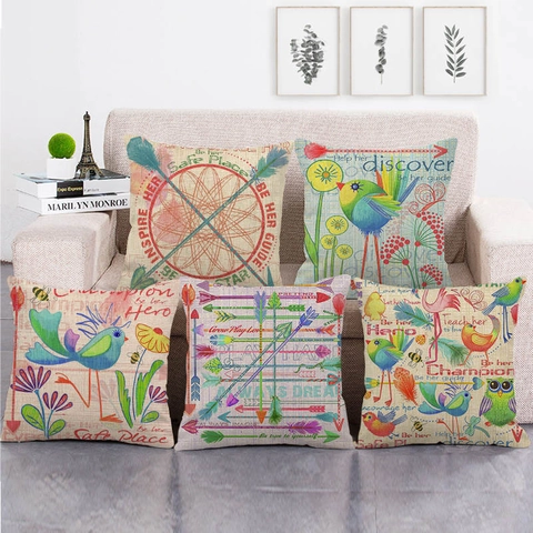 Funda De Cojín Decorativa De Lino Estampado Pájaro Animal Floral Estilo Bohemio Frase Inspiradora Para Sofá