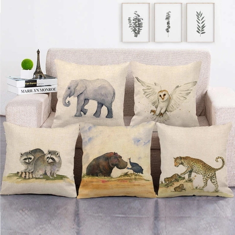 Funda de Cojín Decorativa de Lino Vintage Estampado Animal Elefante Búho Mapache Funda Cuadrada Para Sofá Decoración del Hogar
