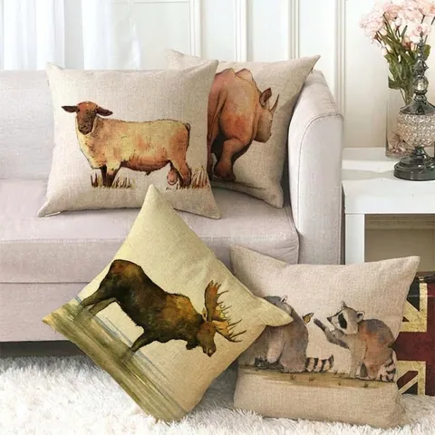 Funda de Cojín Decorativa de Lino Vintage Estampado Animal Elefante Búho Mapache Funda Cuadrada Para Sofá Decoración del Hogar