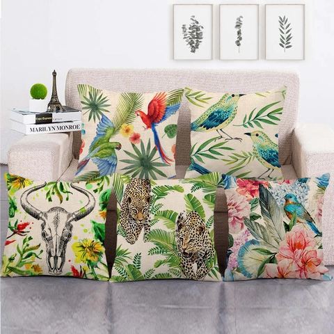 Vintage Leinen Deko Kissenhülle Quadratisch Kissenbezug Für Sofa Auto Büro Zuhause Tropischer Vogel Leopard Blumen Kunst Stil
