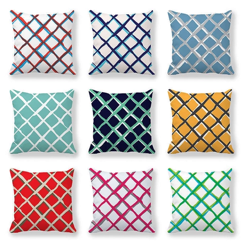 Geometrisches Gitter Muster Dekorativer Kissenbezug Pfirsichhaut Stoff Quadratischer Kissenhülle Handgemalter Moderner Stil