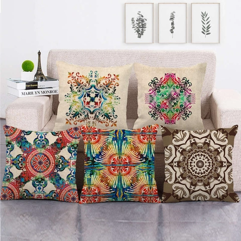 Fundas De Cojín Geométricas De Mandala De Lino Estilo Bohemio Étnico Funda De Almohada Cuadrada Para Sofá