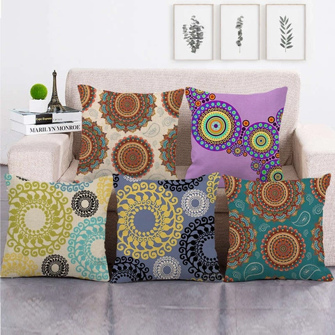 Mandala Geometric Pattern Linen Cushion Cover Square Throw Pillowcase Bohemian Ethnic Retro Home Sofa Decor