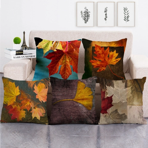 Federa Per Cuscino Decorativa Autunnale Ringraziamento Lino Stampa Foglia Di Acero Zucca Decorazione Divano