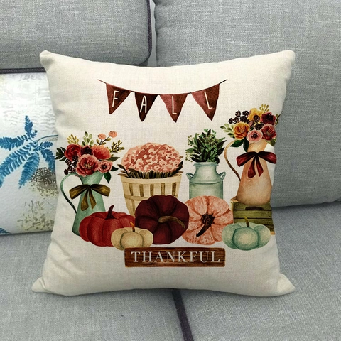 Happy Fall Pumpkin Linen Pillowcase Cushion Cover Thanksgiving Harvest Decor Sunflower Maple Leaf Gnome Plaid Farmhouse
