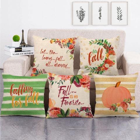 Autumn Pumpkin Throw Pillow Cover Linen Decorative Thanksgiving Floral Cushion Case For Living Room Sofa Rustic