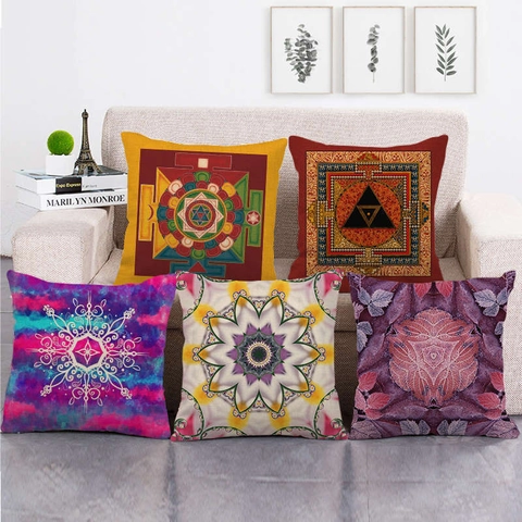 Funda De Cojín Decorativa De Lino Patrón Geométrico Mandala Funda Para Sofá Decoración Hogar Oficina Estilo Bohemio Cuadrado