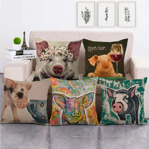 Federa Per Cuscino In Lino Con Motivo Maiale Federa Quadrata Per Divano Decorazione Casa Stile Pittura Arte Retrò