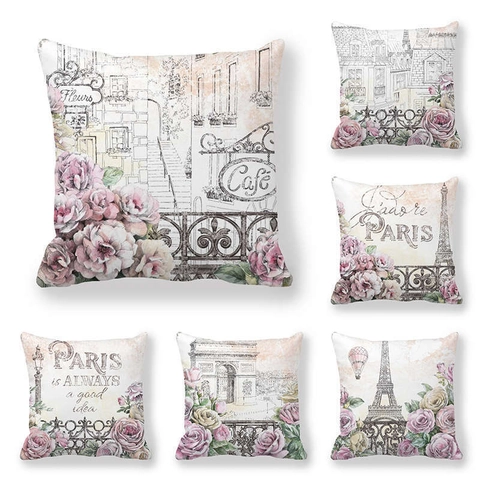Funda de Cojín de Terciopelo Piel de Melocotón Vintage París Torre Eiffel Flor de Rosa Decorativa Para Hogar Coche