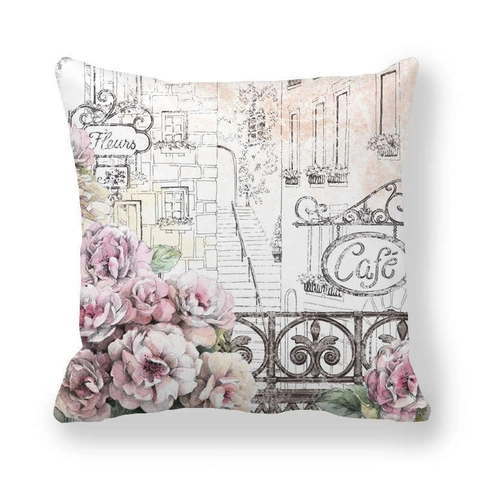 Housse De Coussin Décorative Tour Eiffel Paris Rétro Tissu Peau De Pêche Fleurs Françaises Romantiques Pour Déco Maison