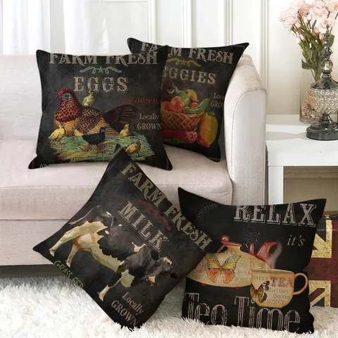 Housse De Coussin En Lin Vintage Noir Motif Fruits Et Ferme Rétro Housse De Coussin Carrée Pour Canapé Salon Décoration Maison