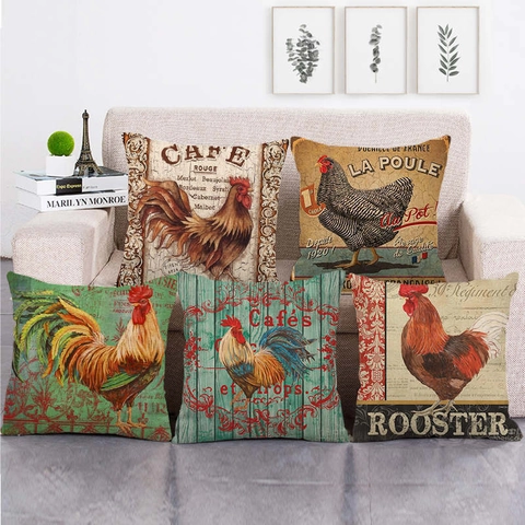 Housse de Coussin en Lin Coq Vintage Campagne Française Taie d'Oreiller Carrée Motif Poulet pour Canapé Décoration Maison