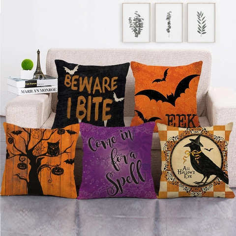 Halloween Linen Throw Pillow Case Decorative Cushion Cover Pumpkin Ghost Bat Cat Printed Spooky Festival Home Party Sofa Decor