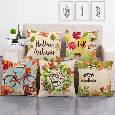 Autumn Thanksgiving Pumpkin Maple Leaf Linen Cushion Cover Harvest Festival Decorative Pillow Case