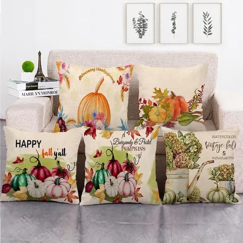 Fundas De Cojín Acción De Gracias Lino Calabaza Hojas De Otoño Acuarela Granja Vintage Sofá Decoración