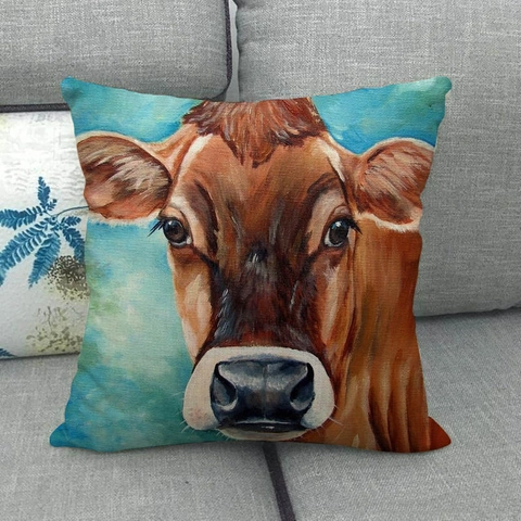 Cow Cattle Oil Painting Style Cushion Cover Linen Throw Pillow Case For Sofa Home Decor Artistic Farmhouse
