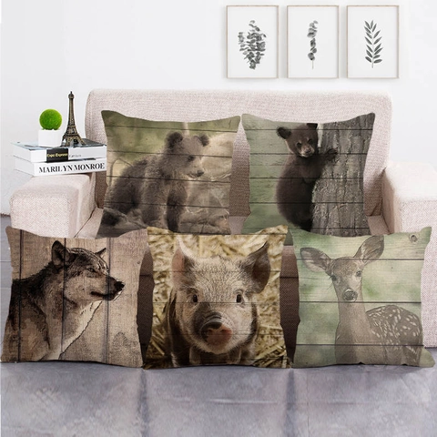 Funda De Cojín De Lino Estilo Rústico Patrón Animal Grano De Madera Oso Lobo Ciervo Cuadrada Decorativa Para Sofá