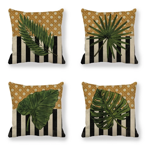 Fodera per Cuscino in Lino con Foglia di Monstera Tropicale Strisce Geometriche Tessitura Intrecciata Copricuscino Decorativo per Divano Soggiorno Casa