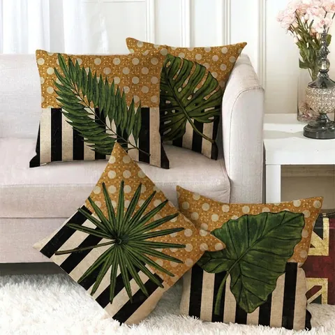 Fodera per Cuscino in Lino con Foglia di Monstera Tropicale Strisce Geometriche Tessitura Intrecciata Copricuscino Decorativo per Divano Soggiorno Casa