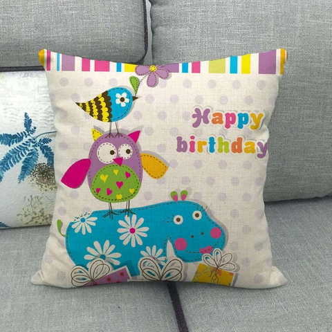 Kussenhoes Cartoon Uil Dier Linnen Vierkant Decoratief Happy Birthday Sofa Bed Home Decor Cadeau