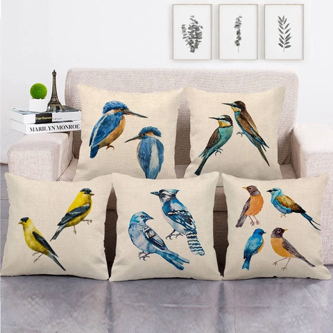 Fodera per Cuscino Quadrata in Misto Lino Cotone Vintage Illustrazione Uccello Acquerello Copricuscino Decorativo per Divano Casa