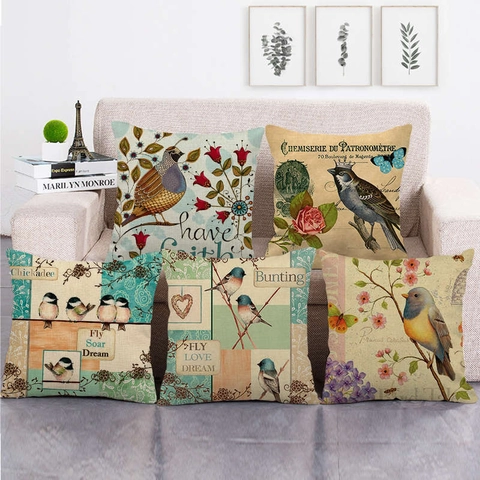 Taie d'Oreiller Décorative en Lin avec Motif d'Oiseaux et de Fleurs Style Campagne Français Rétro Housse de Coussin Carrée pour Canapé Salon Maison