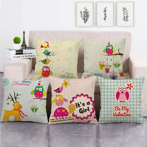 Cartoon Owl Decorative Throw Pillow Cover Polyester Linen Look Cushion Case For Sofa Home Decor Valentine Christmas Birthday Gift