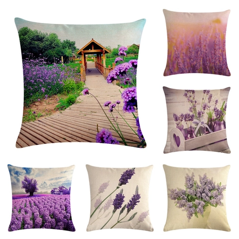 Housse de Coussin en Lin Paysage de Lavande Pastorale Taie d'Oreiller Décorative Champ de Fleurs Violettes pour Salon Canapé Chambre