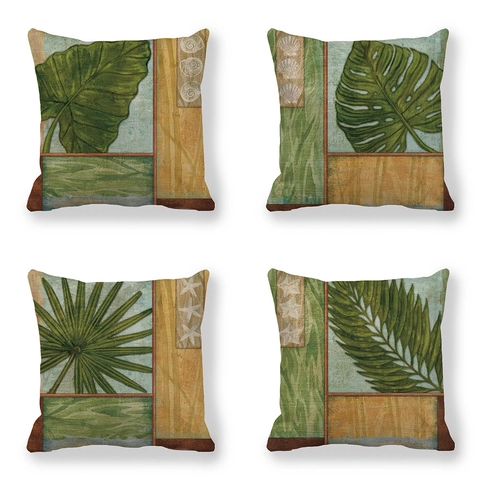 Federa Quadrata in Lino con Foglia di Monstera Tropicale Retrò Conchiglia Stella Marina Copricuscino Decorativo per Divano Casa