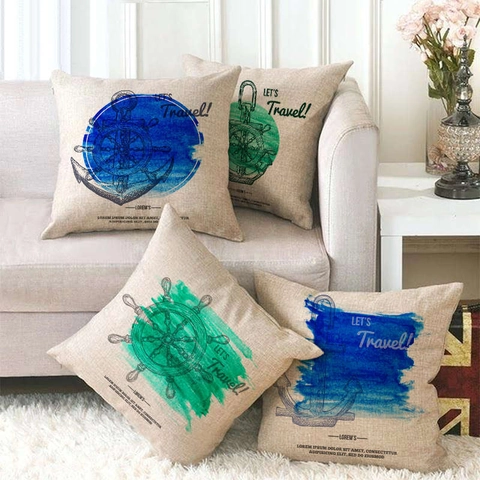 Nautical Throw Pillow Cover Cotton Linen Square Cushion Case Anchor Rudder Watercolor Travel Theme Home Sofa Decor