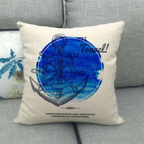 Nautical Throw Pillow Cover Cotton Linen Square Cushion Case Anchor Rudder Watercolor Travel Theme Home Sofa Decor
