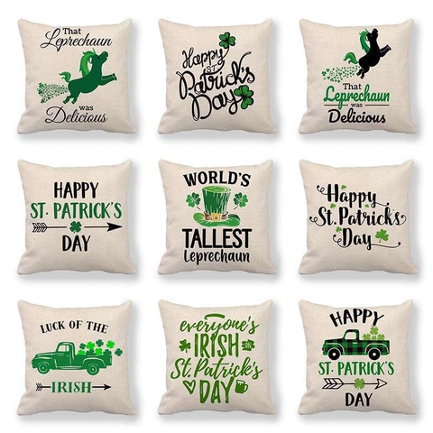 Funda de Cojín de Lino para el Día de San Patricio Trébol Camión Verde Funda de Almohada Decorativa para Sofá Hogar