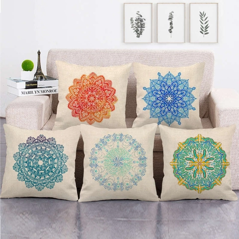 Mandala Geometric Pattern Linen Throw Pillow Case Square Decorative Cushion Cover For Sofa Car Home Living Room Decor