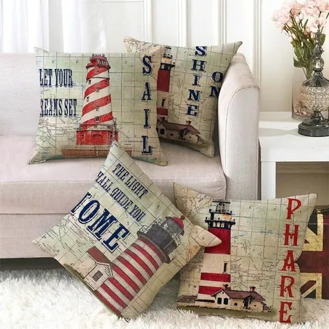 Fundas De Almohada De Faro Náutico Lino Decoración Navideña Costera Patrón De Mapa Vintage Fundas De Cojín Cuadradas