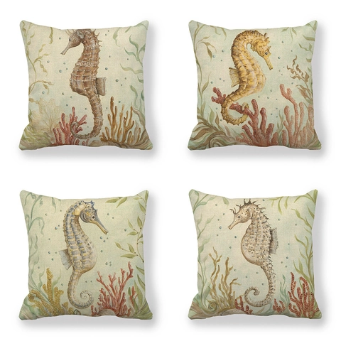 Vintage Marine Life Linen Pillowcase Decorative Watercolor Seahorse Coral Print Square Cushion Cover For Home Living Room Decor