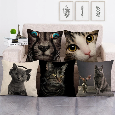Funda de Cojín de Lino con Estampado de Cara de Gato Realista Cuadrada Decorativa para Sofá Decoración del Hogar