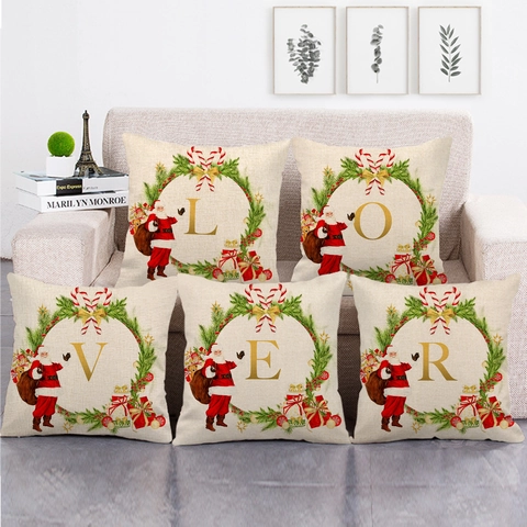 Modern Minimalist Christmas Linen Pillowcase With Golden Letter Santa Claus Wreath Printed Decorative Cushion Cover For Home Decor