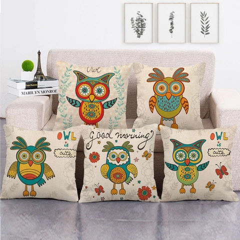 Cartoon Owl Series Linen Polyester Decorative Throw Pillow Cover Square Cushion Case For Home Sofa Car Office No Insert