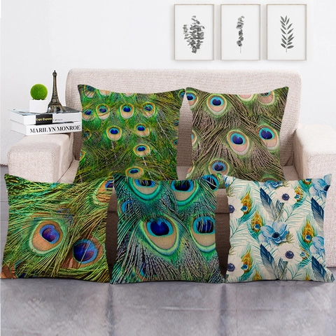 Kussensloop Aquarel Pauwenveer Linnen Vierkant Decoratief Sierkussenhoes Voor Bank Woonkamer Huis Decoratie Kunst